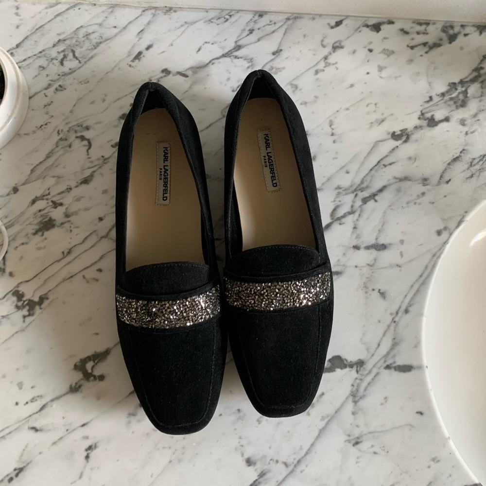 Karl Lagerfeld Black Suede Loafers with Silver Glitter